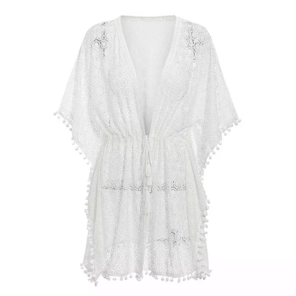 CLEARANCE White Boho Pompom Crochet Coverup Kimono Wrap - Picture 4 of 7